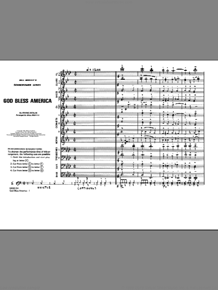 God Bless America (COMPLETE) sheet music for marching band by Irving Berlin and Bill Moffit, intermediate skill level