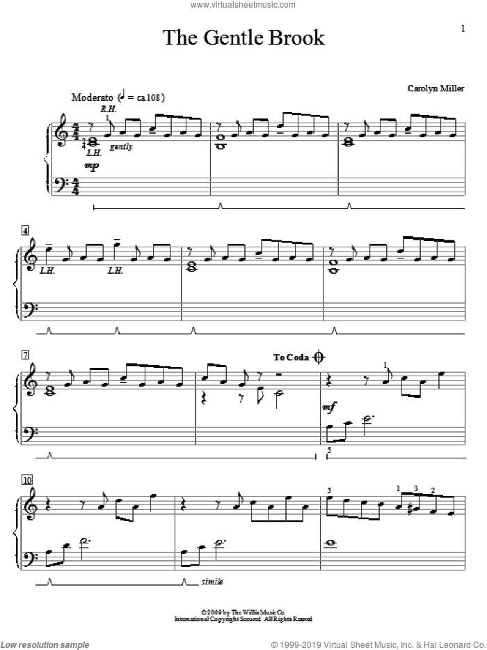 The Gentle Brook sheet music for piano solo (elementary) by Carolyn Miller, beginner piano (elementary)