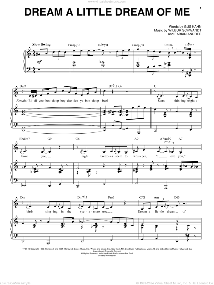 Dream A Little Dream Of Me sheet music for voice and piano by Louis Armstrong, Ella Fitzgerald, Nat King Cole, The Mamas & The Papas, Fabian Andree, Gus Kahn and Wilbur Schwandt, intermediate skill level