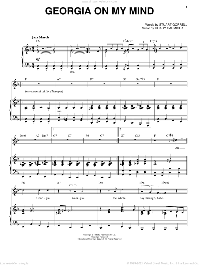Georgia On My Mind sheet music for voice and piano by Louis Armstrong, Hoagy Carmichael and Stuart Gorrell, intermediate skill level