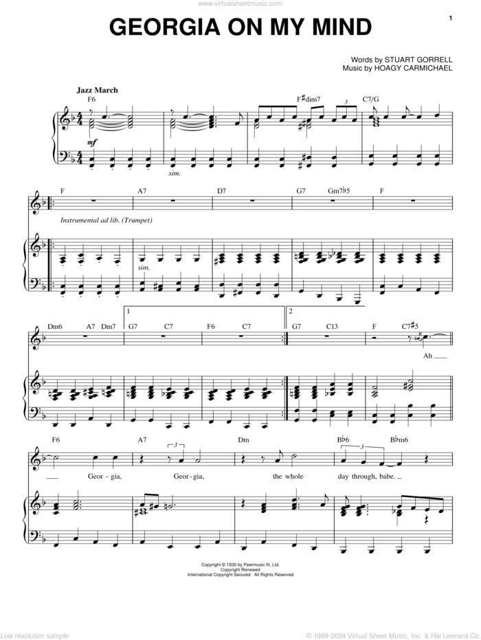 Georgia On My Mind sheet music for voice and piano by Louis Armstrong, Hoagy Carmichael and Stuart Gorrell, intermediate skill level