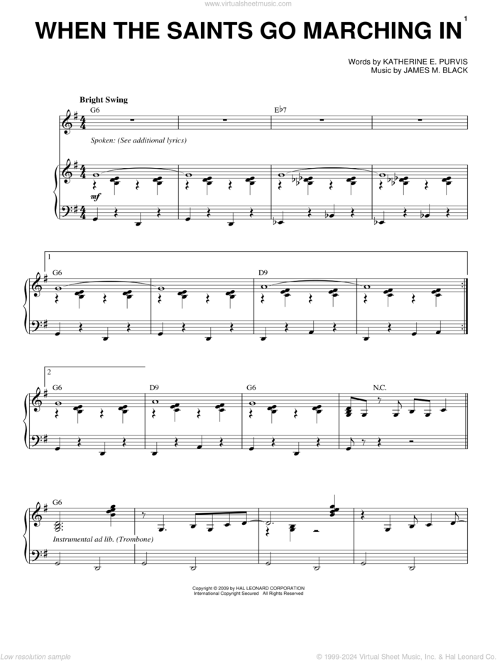 When The Saints Go Marching In sheet music for voice and piano by Louis Armstrong, James M. Black and Katherine E. Purvis, intermediate skill level