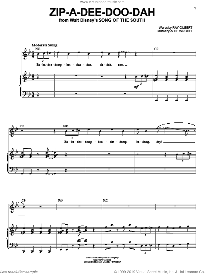 Zip-A-Dee-Doo-Dah (from Song Of The South) sheet music for voice and piano by Louis Armstrong, Allie Wrubel and Ray Gilbert, intermediate skill level