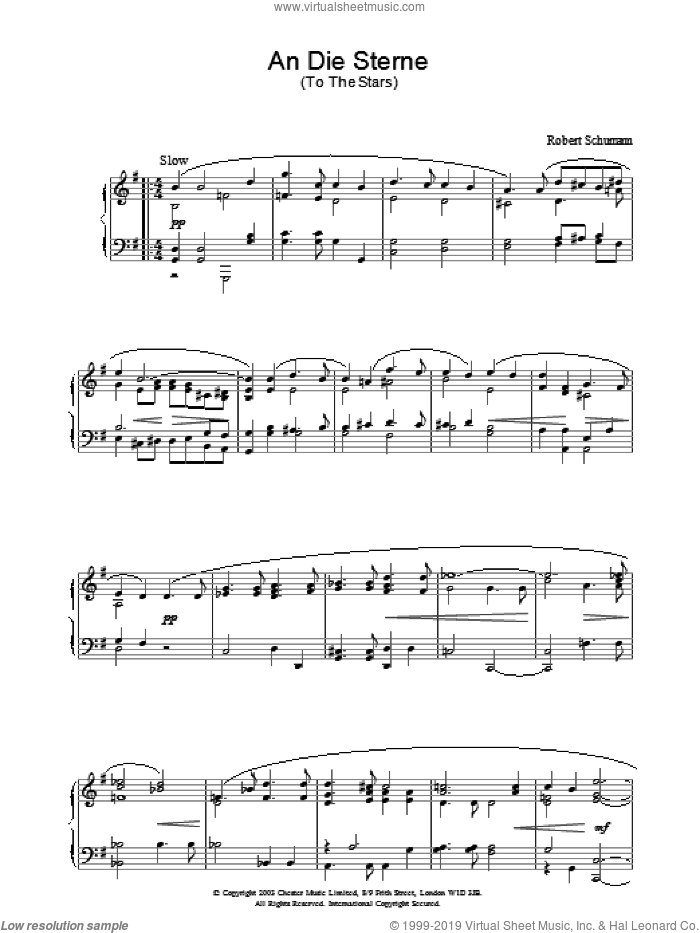 An Die Sterne sheet music for piano solo by Robert Schumann, classical score, intermediate skill level