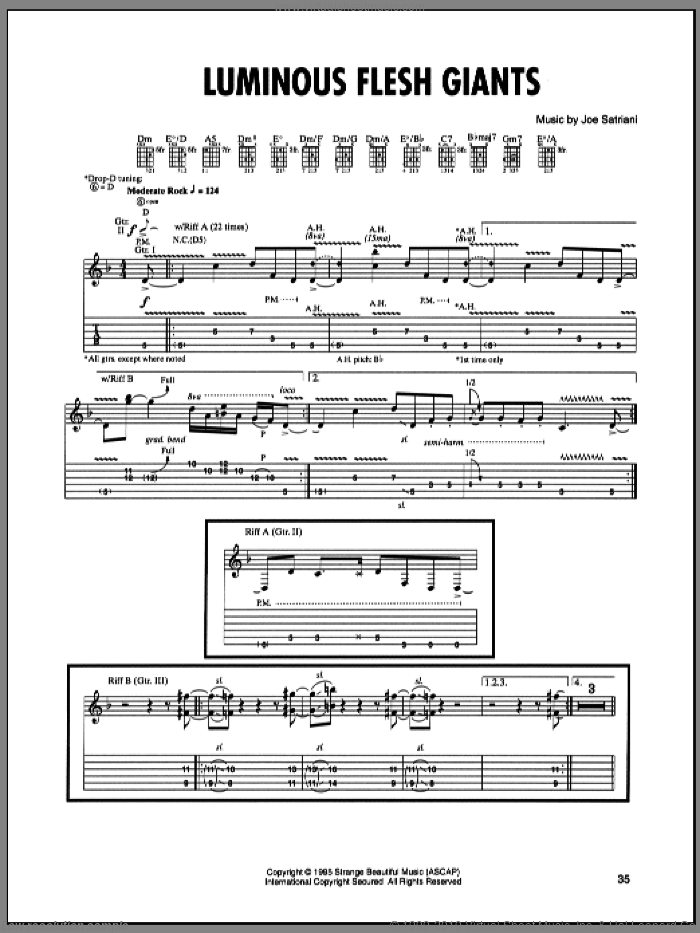 Luminous Flesh Giants sheet music for guitar (tablature) by Joe Satriani, intermediate skill level