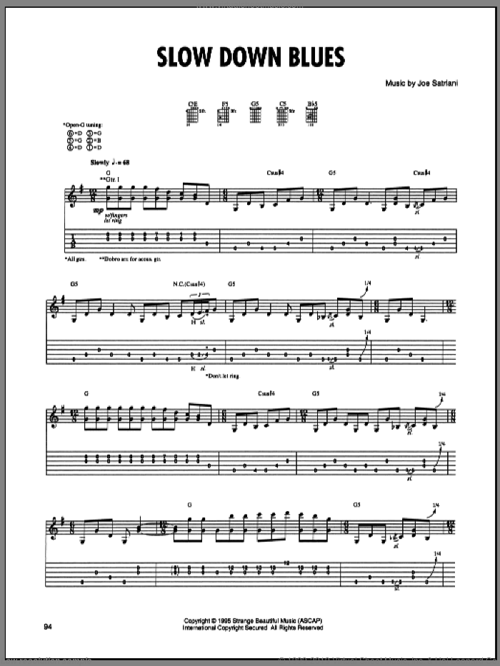 Slow Down Blues sheet music for guitar (tablature) by Joe Satriani, intermediate skill level