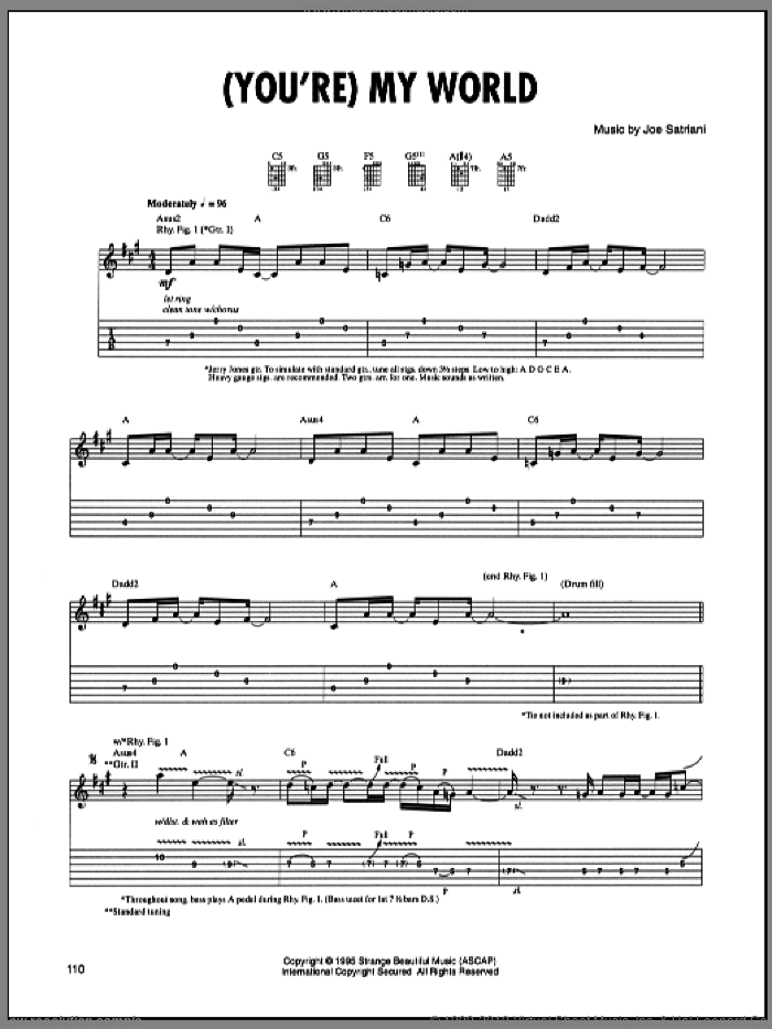 (You're) My World sheet music for guitar (tablature) by Joe Satriani, intermediate skill level