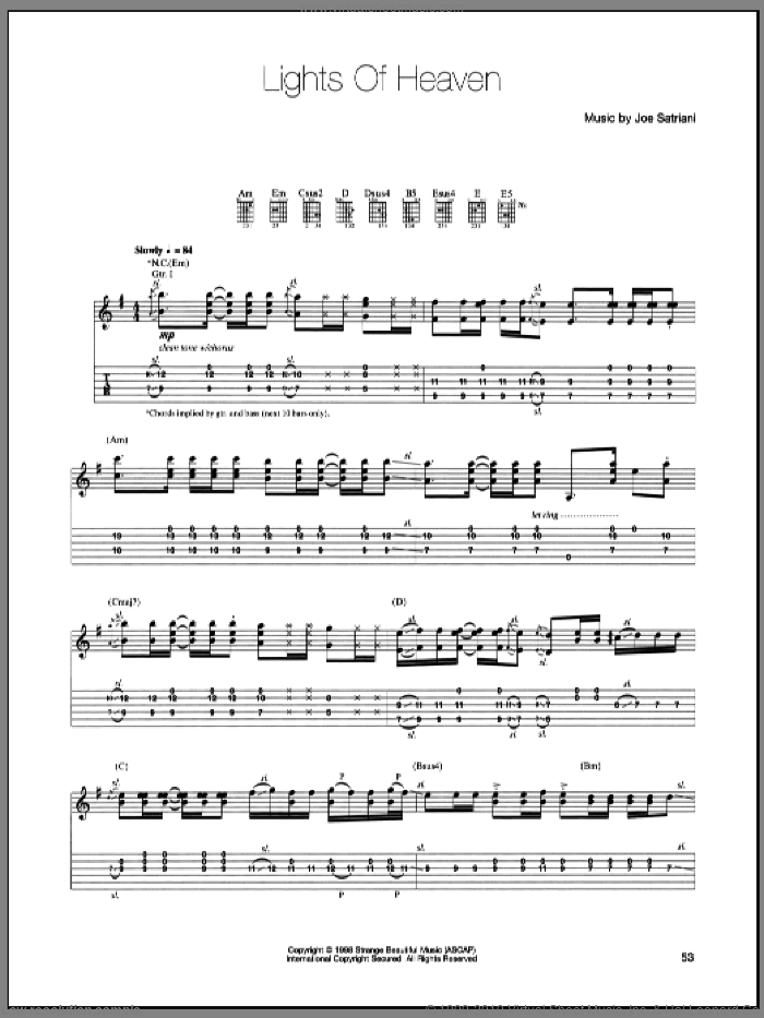Lights Of Heaven sheet music for guitar (tablature) by Joe Satriani, intermediate skill level