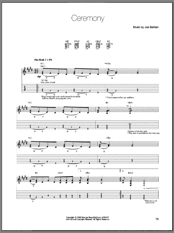 Ceremony sheet music for guitar (tablature) by Joe Satriani, intermediate skill level