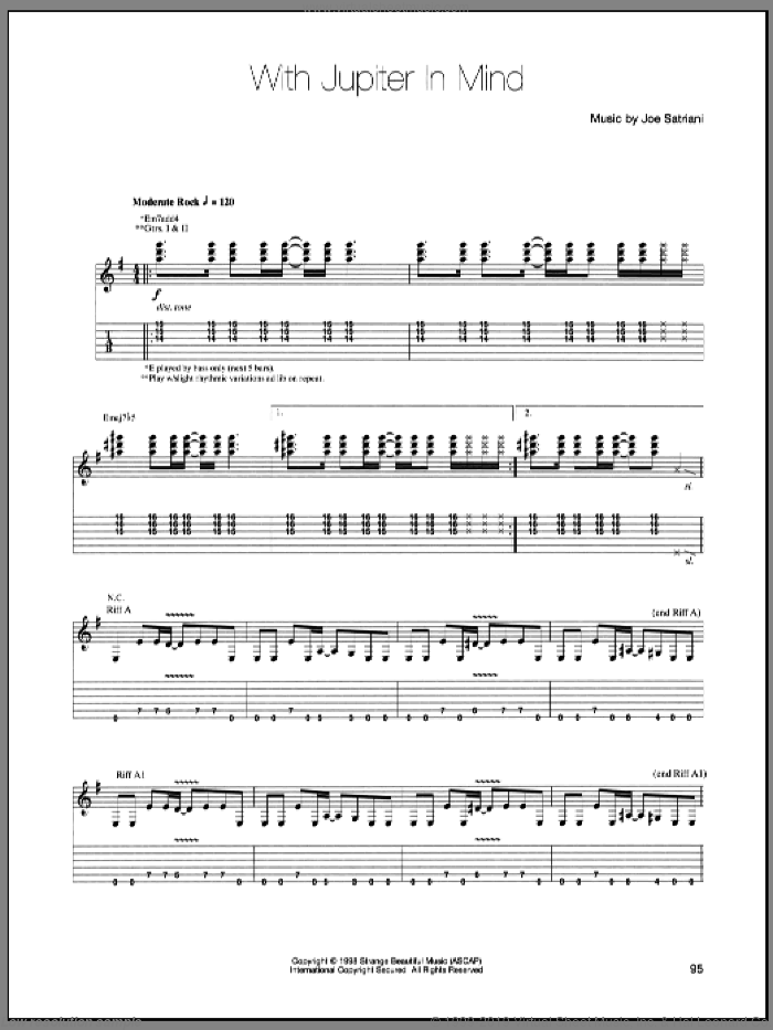 With Jupiter In Mind sheet music for guitar (tablature) by Joe Satriani, intermediate skill level