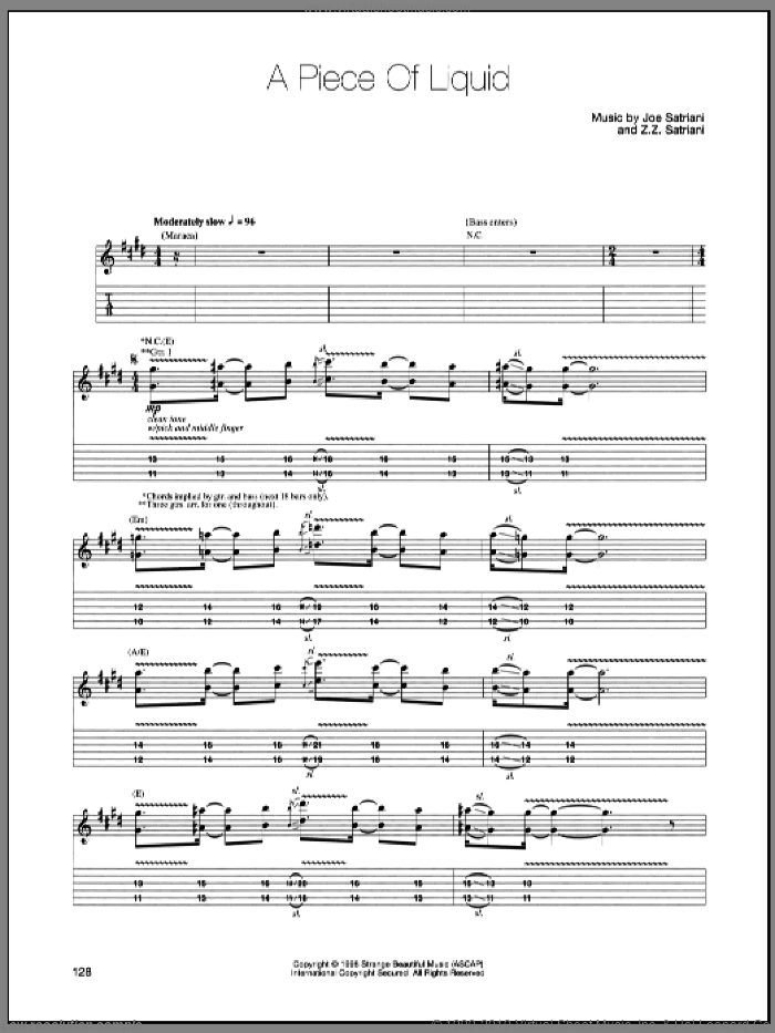 A Piece Of Liquid sheet music for guitar (tablature) by Joe Satriani and Z.Z. Satriani, intermediate skill level
