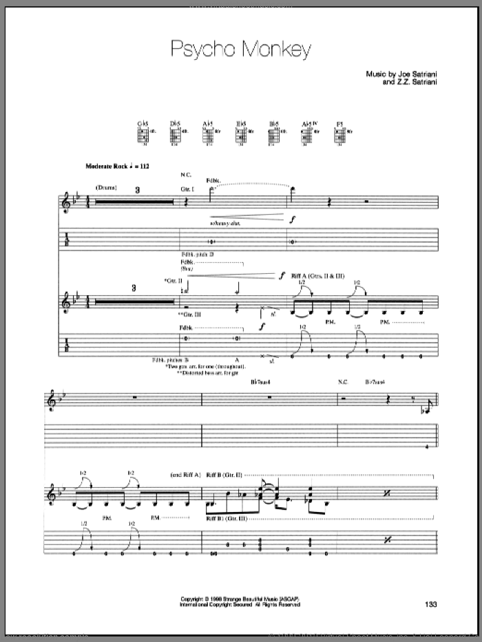 Psycho Monkey sheet music for guitar (tablature) by Joe Satriani and Z.Z. Satriani, intermediate skill level