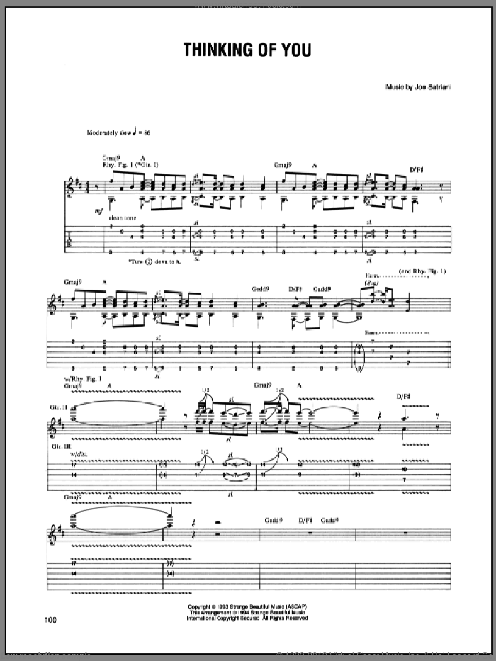 Thinking Of You sheet music for guitar (tablature) by Joe Satriani, intermediate skill level