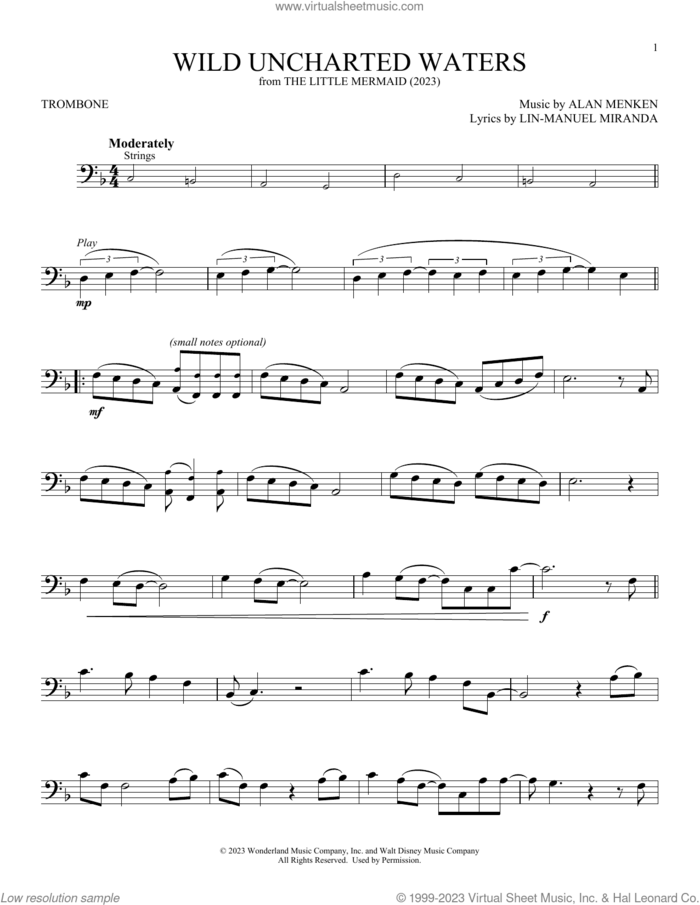 Wild Uncharted Waters (from The Little Mermaid) (2023) sheet music for trombone solo by Halle Bailey, Alan Menken and Lin-Manuel Miranda, intermediate skill level