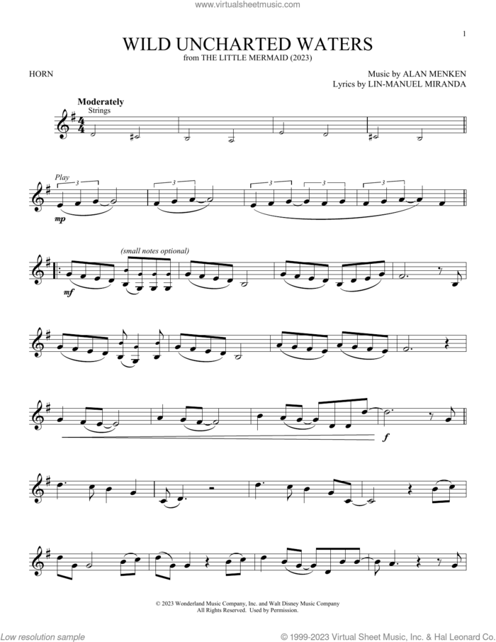 Wild Uncharted Waters (from The Little Mermaid) (2023) sheet music for horn solo by Halle Bailey, Alan Menken and Lin-Manuel Miranda, intermediate skill level