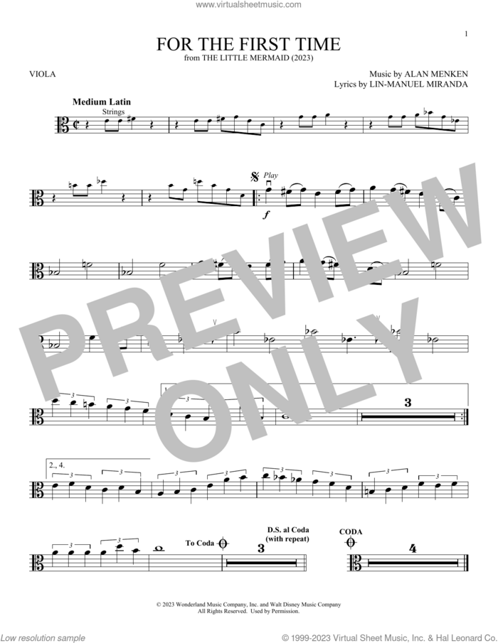 For The First Time (from The Little Mermaid) (2023) sheet music for viola solo by Halle Bailey, Alan Menken and Lin-Manuel Miranda, intermediate skill level