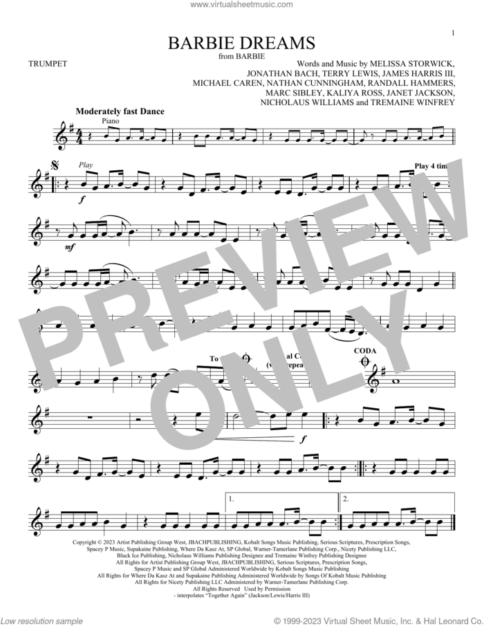 Barbie Dreams (from Barbie) (feat. Kaliii) sheet music for trumpet solo by FIFTY FIFTY, James Harris, Janet Jackson, Jonathan Bach, Kaliya Ross, Marc Sibley, Melissa Storwick, Michael Caren, Mike Caren, Nathan Cunningham, Nicholaus Williams, Randall Hammers, Terry Lewis and Tremaine Winfrey, intermediate skill level