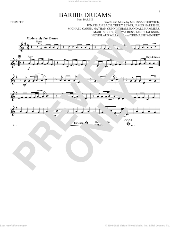 Barbie Dreams (from Barbie) (feat. Kaliii) sheet music for trumpet solo by FIFTY FIFTY, James Harris, Janet Jackson, Jonathan Bach, Kaliya Ross, Marc Sibley, Melissa Storwick, Michael Caren, Mike Caren, Nathan Cunningham, Nicholaus Williams, Randall Hammers, Terry Lewis and Tremaine Winfrey, intermediate skill level