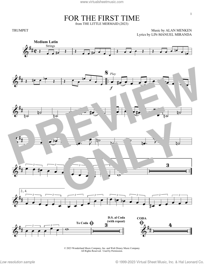 For The First Time (from The Little Mermaid) (2023) sheet music for trumpet solo by Halle Bailey, Alan Menken and Lin-Manuel Miranda, intermediate skill level
