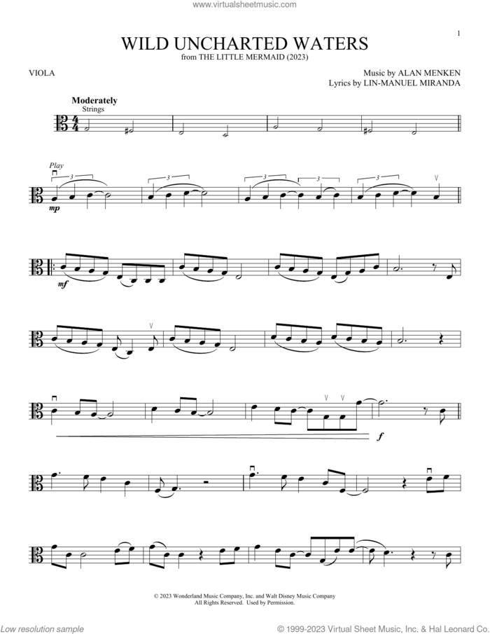 Wild Uncharted Waters (from The Little Mermaid) (2023) sheet music for viola solo by Halle Bailey, Alan Menken and Lin-Manuel Miranda, intermediate skill level
