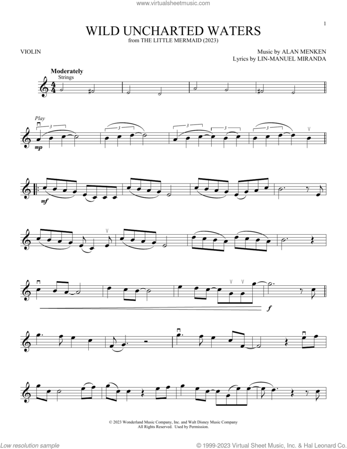 Wild Uncharted Waters (from The Little Mermaid) (2023) sheet music for violin solo by Halle Bailey, Alan Menken and Lin-Manuel Miranda, intermediate skill level