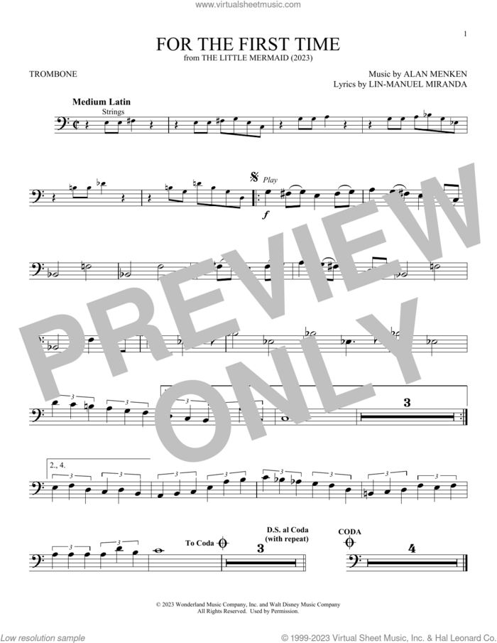 For The First Time (from The Little Mermaid) (2023) sheet music for trombone solo by Halle Bailey, Alan Menken and Lin-Manuel Miranda, intermediate skill level