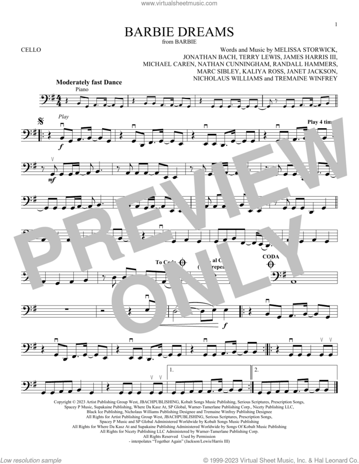 Barbie Dreams (from Barbie) (feat. Kaliii) sheet music for cello solo by FIFTY FIFTY, James Harris, Janet Jackson, Jonathan Bach, Kaliya Ross, Marc Sibley, Melissa Storwick, Michael Caren, Mike Caren, Nathan Cunningham, Nicholaus Williams, Randall Hammers, Terry Lewis and Tremaine Winfrey, intermediate skill level