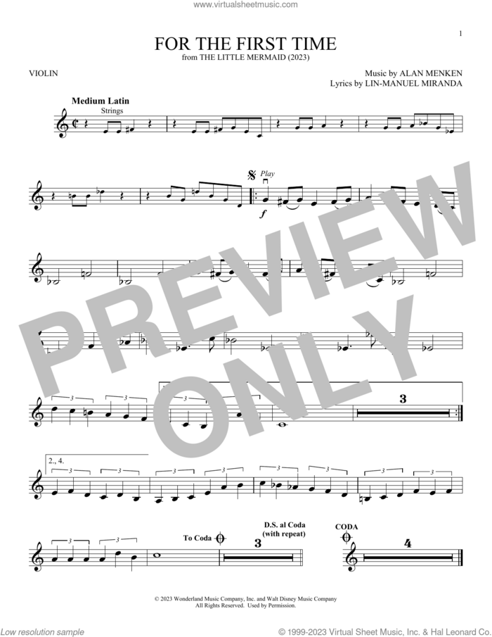 For The First Time (from The Little Mermaid) (2023) sheet music for violin solo by Halle Bailey, Alan Menken and Lin-Manuel Miranda, intermediate skill level
