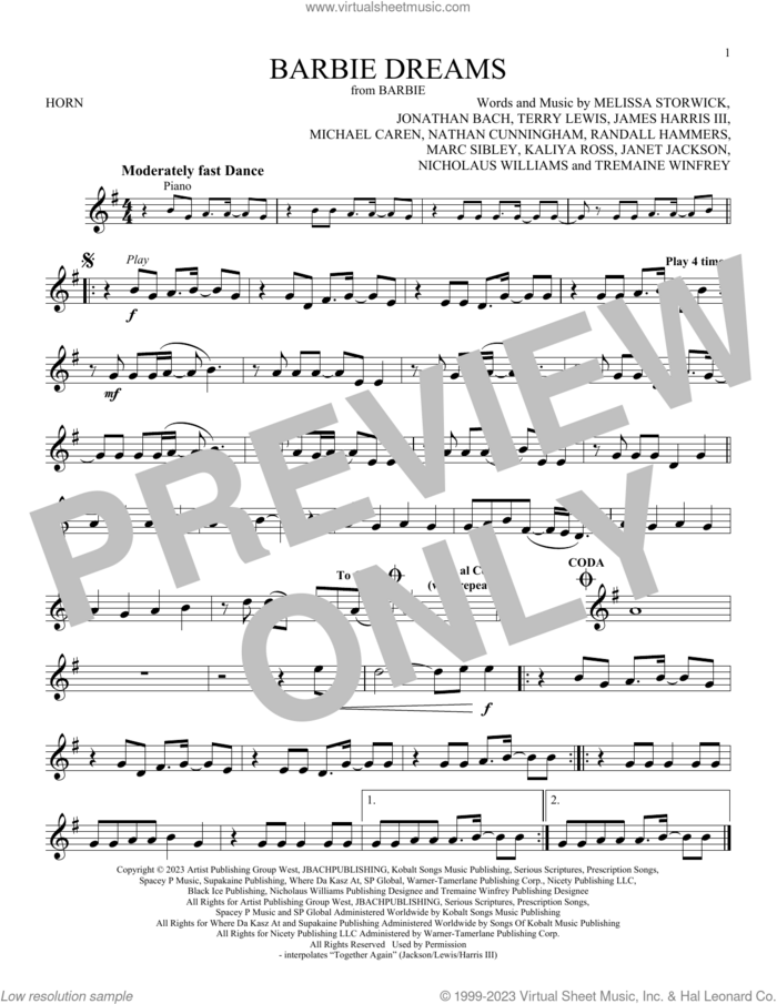 Barbie Dreams (from Barbie) (feat. Kaliii) sheet music for horn solo by FIFTY FIFTY, James Harris, Janet Jackson, Jonathan Bach, Kaliya Ross, Marc Sibley, Melissa Storwick, Michael Caren, Mike Caren, Nathan Cunningham, Nicholaus Williams, Randall Hammers, Terry Lewis and Tremaine Winfrey, intermediate skill level