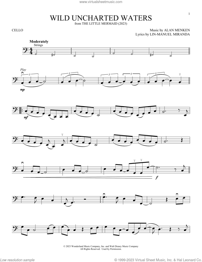 Wild Uncharted Waters (from The Little Mermaid) (2023) sheet music for cello solo by Halle Bailey, Alan Menken and Lin-Manuel Miranda, intermediate skill level