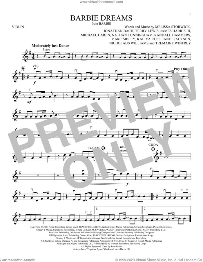 Barbie Dreams (from Barbie) (feat. Kaliii) sheet music for violin solo by FIFTY FIFTY, James Harris, Janet Jackson, Jonathan Bach, Kaliya Ross, Marc Sibley, Melissa Storwick, Michael Caren, Mike Caren, Nathan Cunningham, Nicholaus Williams, Randall Hammers, Terry Lewis and Tremaine Winfrey, intermediate skill level