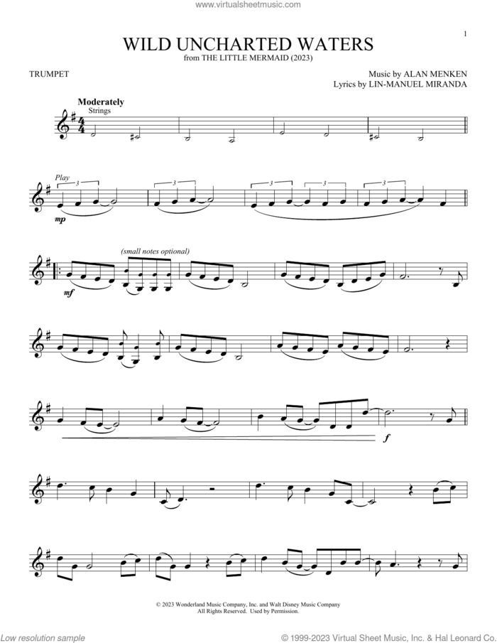 Wild Uncharted Waters (from The Little Mermaid) (2023) sheet music for trumpet solo by Jonah Hauer-King, Alan Menken and Lin-Manuel Miranda, intermediate skill level