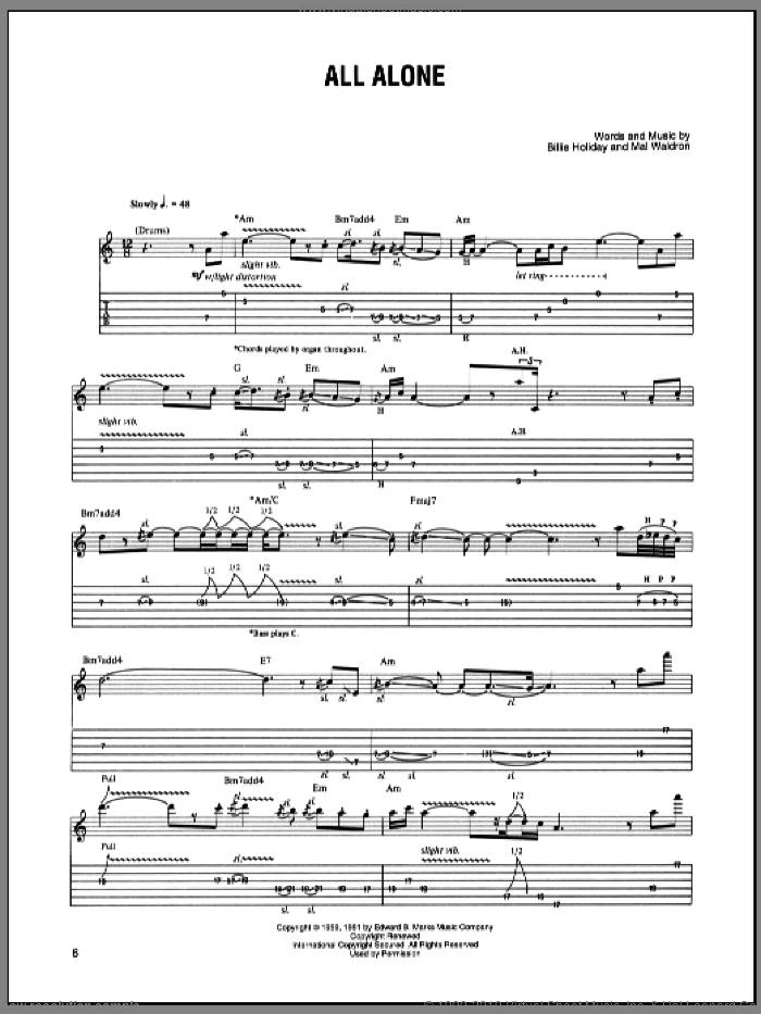All Alone sheet music for guitar (tablature) by Joe Satriani, Billie Holiday and Mal Waldron, intermediate skill level