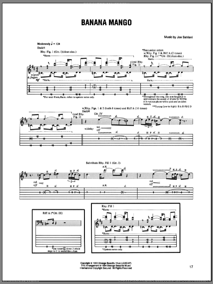 Banana Mango sheet music for guitar (tablature) by Joe Satriani, intermediate skill level