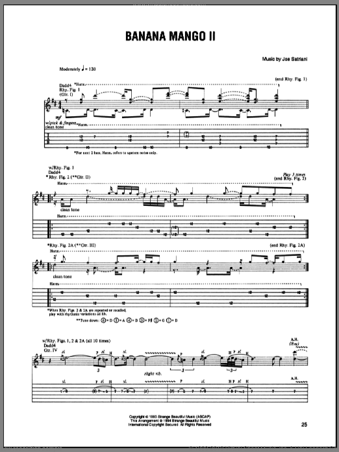 Banana Mango II sheet music for guitar (tablature) by Joe Satriani, intermediate skill level