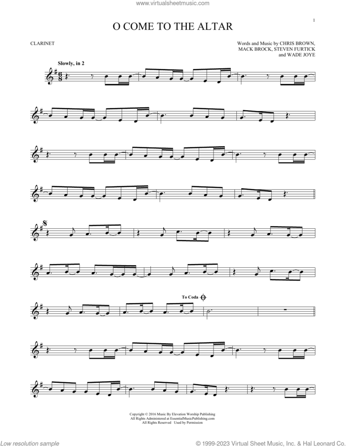 O Come To The Altar sheet music for clarinet solo by Elevation Worship, Chris Brown, Mack Brock, Steven Furtick and Wade Joye, intermediate skill level