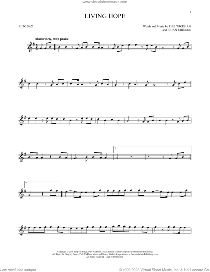 Living Hope sheet music for alto saxophone solo by Phil Wickham and Brian Johnson, intermediate skill level