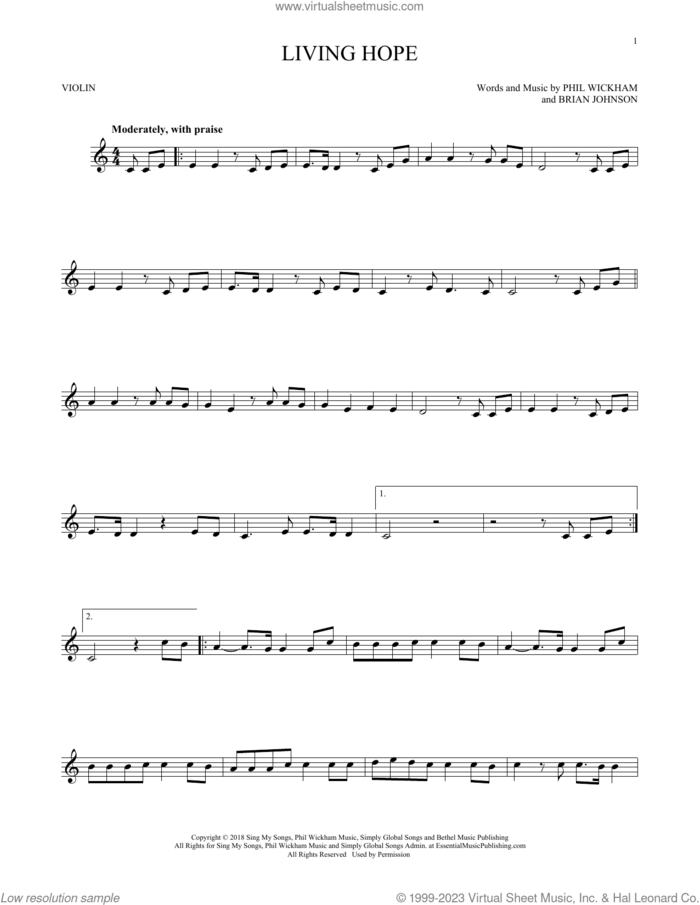 Living Hope sheet music for violin solo by Phil Wickham and Brian Johnson, intermediate skill level