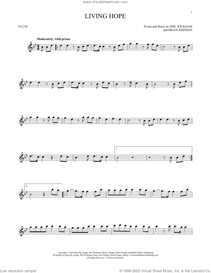 Living Hope sheet music for flute solo by Phil Wickham and Brian Johnson, intermediate skill level