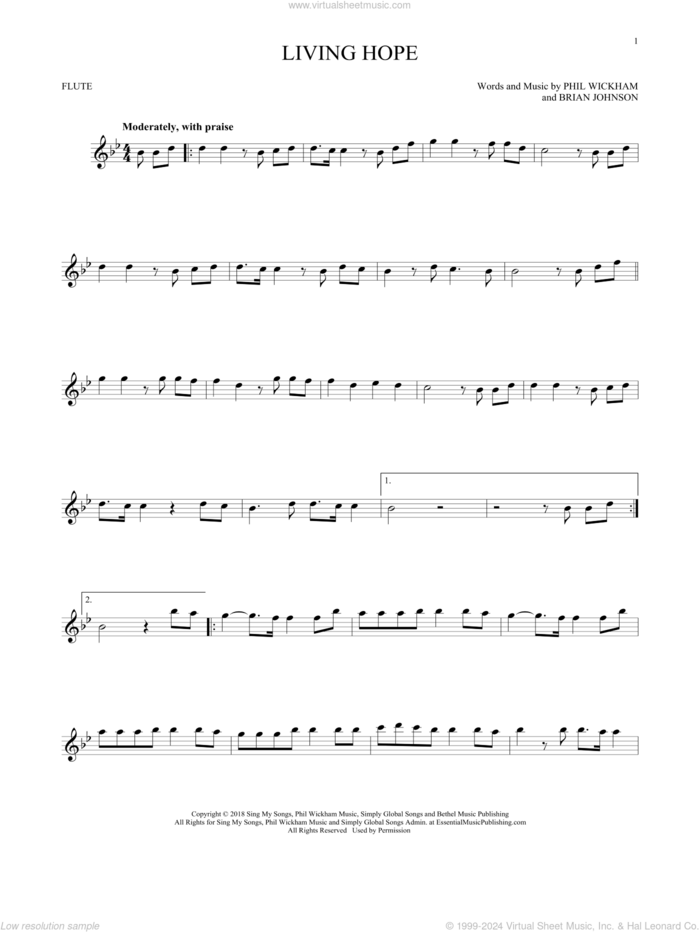 Living Hope sheet music for flute solo by Phil Wickham and Brian Johnson, intermediate skill level