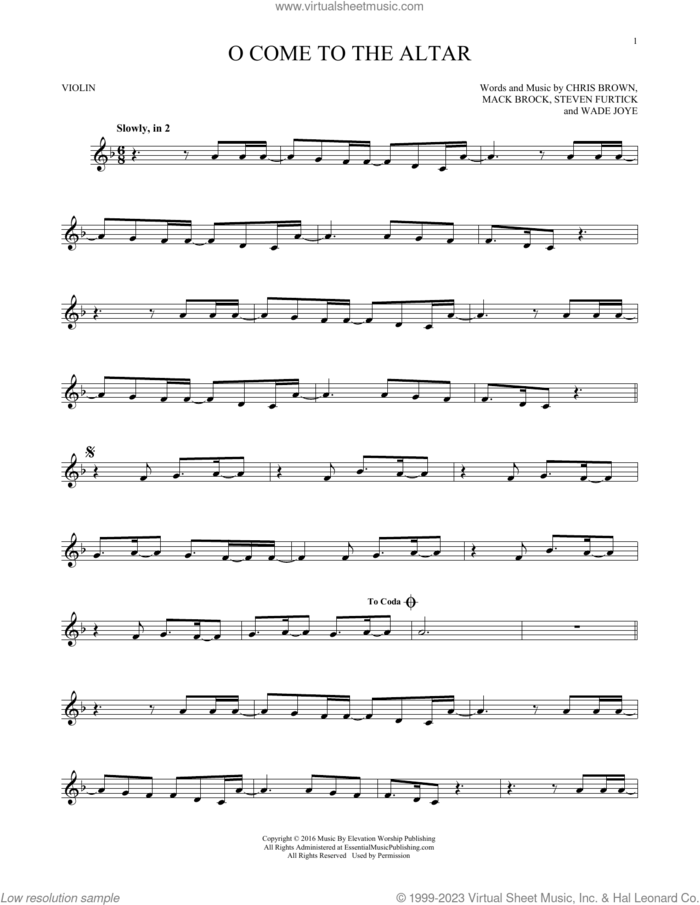 O Come To The Altar sheet music for violin solo by Elevation Worship, Chris Brown, Mack Brock, Steven Furtick and Wade Joye, intermediate skill level