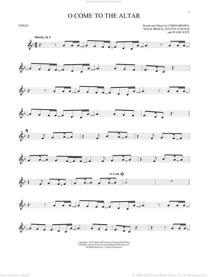 O Come To The Altar sheet music for violin solo by Elevation Worship, Chris Brown, Mack Brock, Steven Furtick and Wade Joye, intermediate skill level