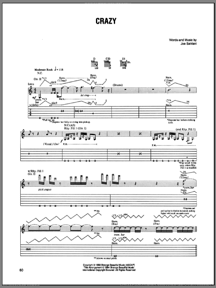 Crazy sheet music for guitar (tablature) by Joe Satriani, intermediate skill level