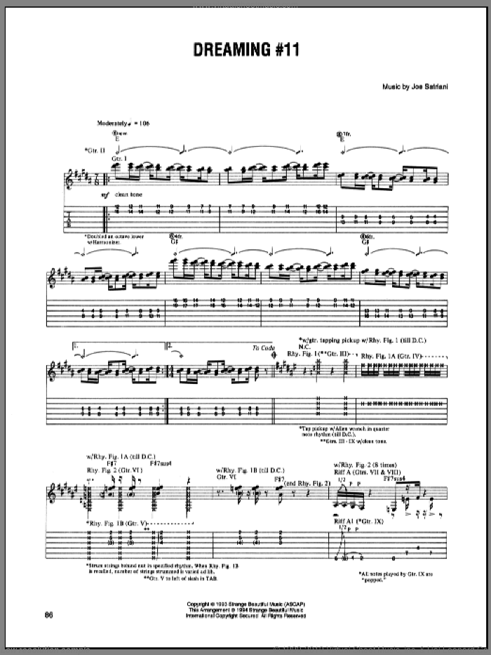 Dreaming #11 sheet music for guitar (tablature) by Joe Satriani, intermediate skill level