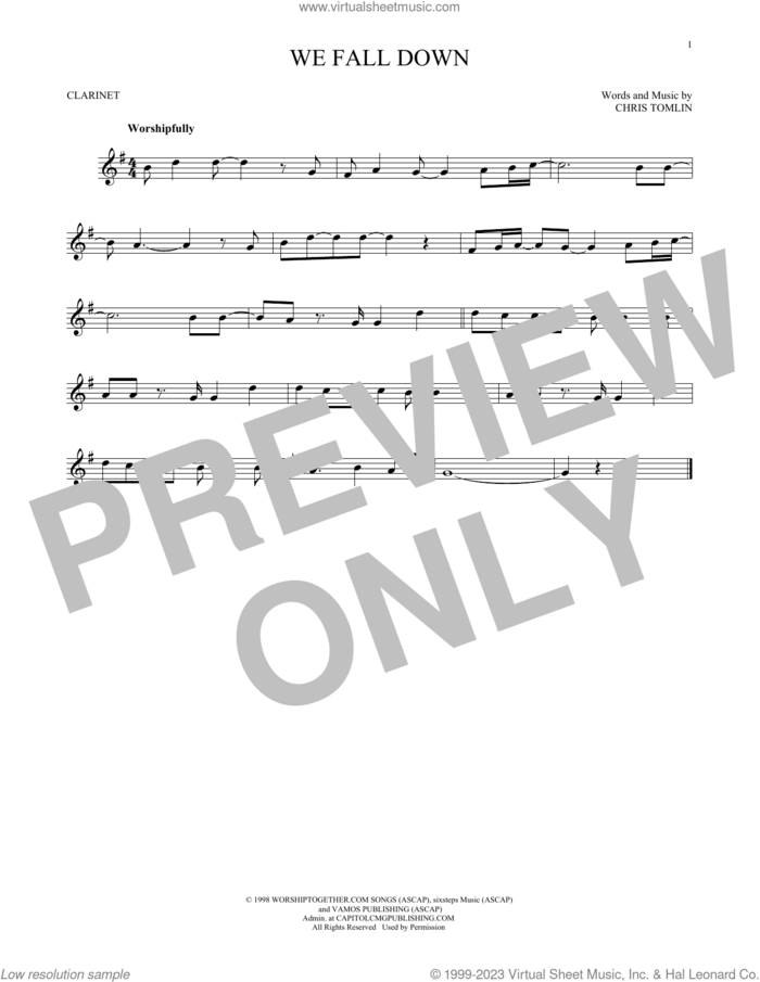We Fall Down sheet music for clarinet solo by Kutless, Passion and Chris Tomlin, intermediate skill level