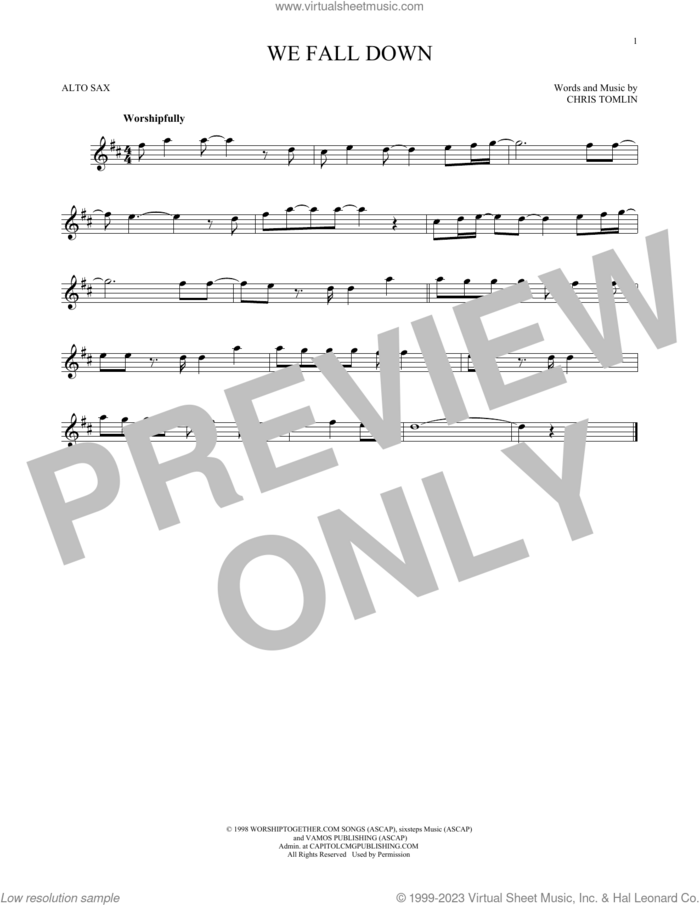 We Fall Down sheet music for alto saxophone solo by Kutless, Passion and Chris Tomlin, intermediate skill level