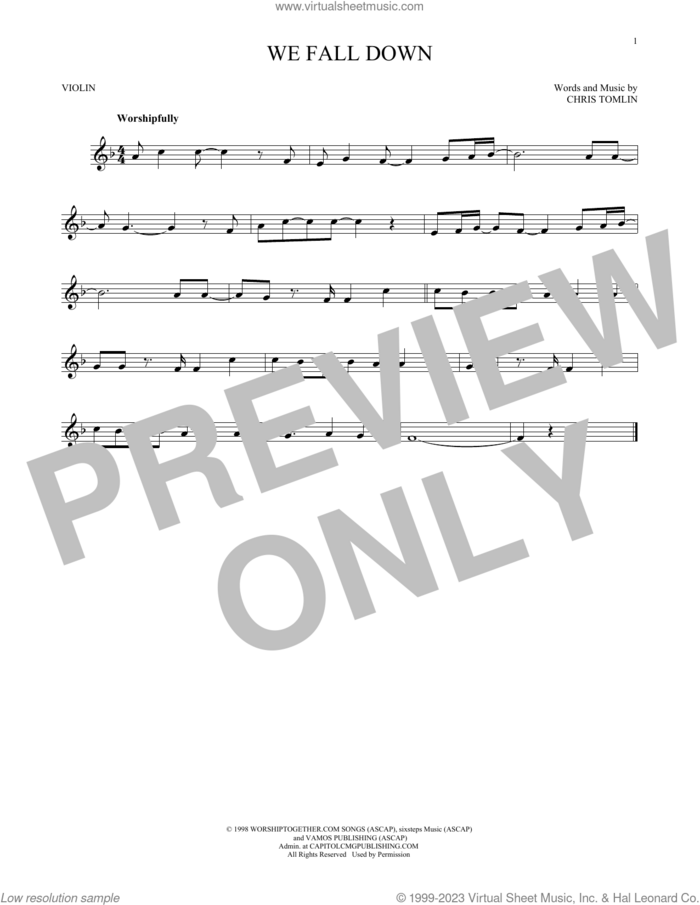 We Fall Down sheet music for violin solo by Kutless, Passion and Chris Tomlin, intermediate skill level