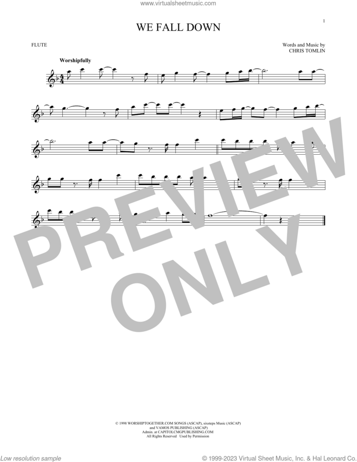We Fall Down sheet music for flute solo by Kutless, Passion and Chris Tomlin, intermediate skill level