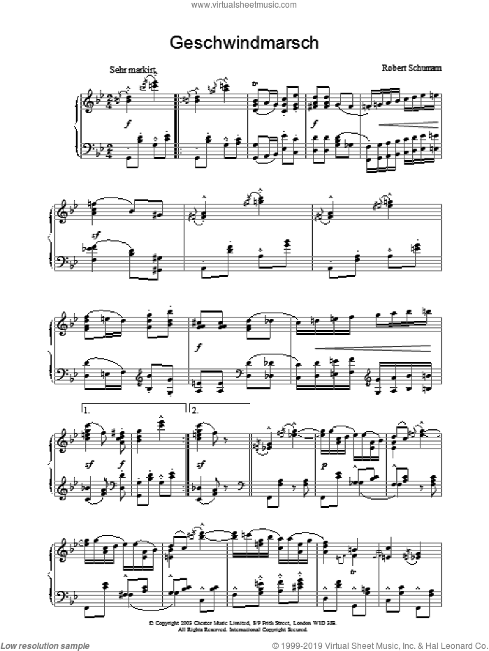 Geschwindmarsch sheet music for piano solo by Robert Schumann, classical score, intermediate skill level