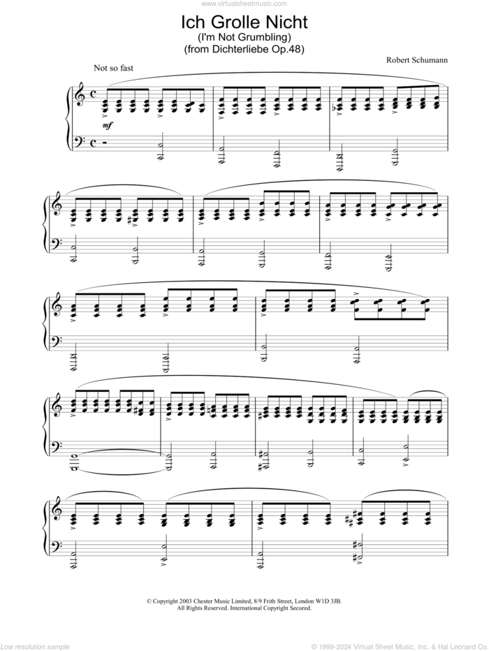 Ich Grolle Nicht (I Bear No Grudge) sheet music for piano solo by Robert Schumann, classical score, intermediate skill level